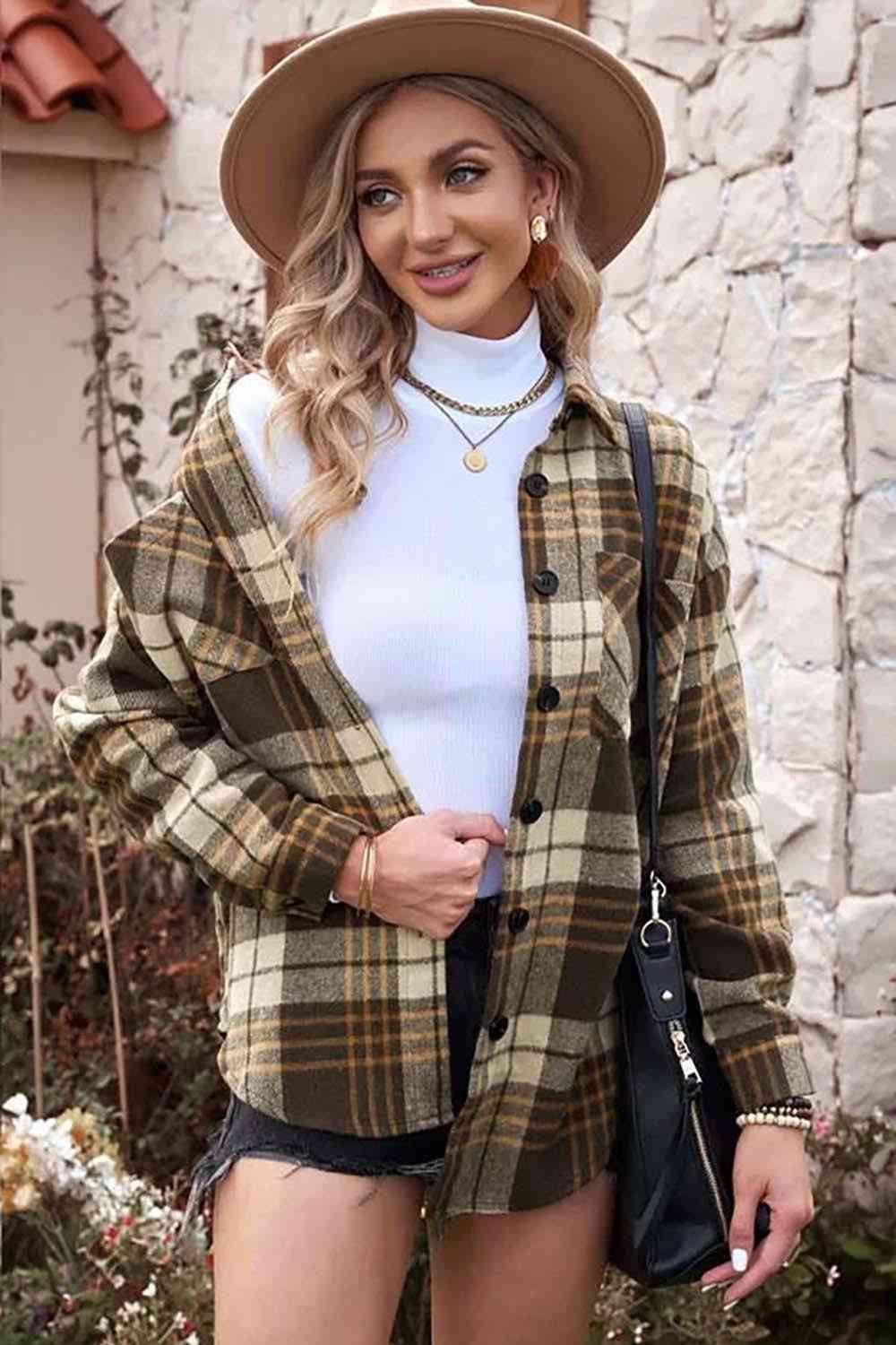 Plaid Collared Neck Button Up Jacket Jackets Trendsi