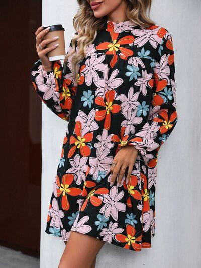 Floral Mock Neck Balloon Sleeve Dress Dresses Trendsi