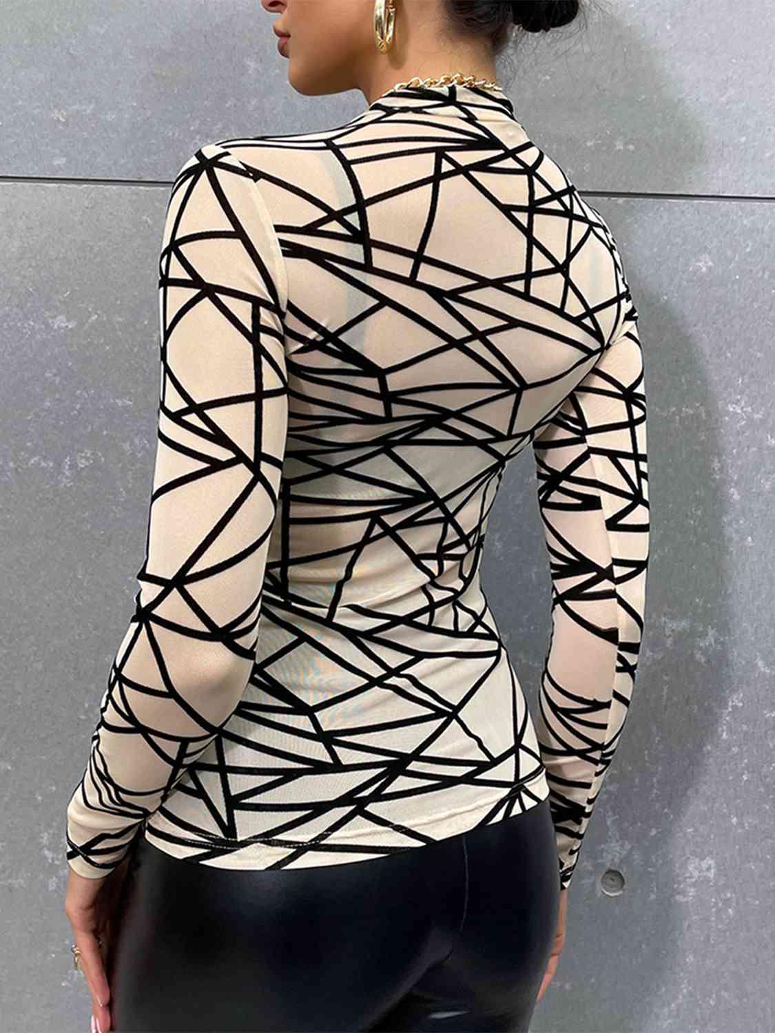 Geometric Mock Neck Long Sleeve Top Blouses Trend