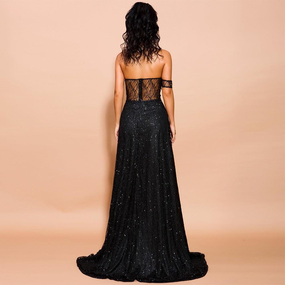 Strapless Black High Front Slit Gown Dresses Evelyn Belluci