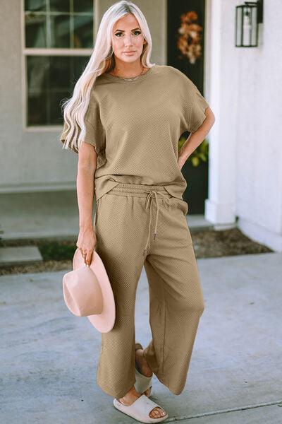Texture Short Sleeve Top and Pant Set Pant Set Trend