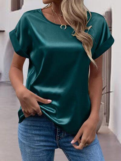 Round Neck Shiny T-Shirt Blouses Trendsi Green S