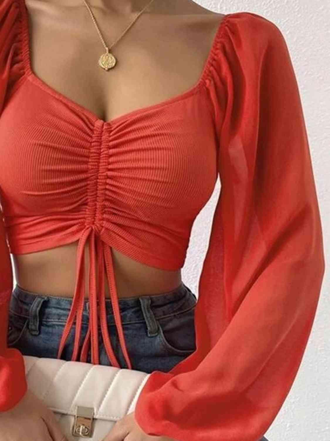 Drawstring Sweetheart Neck Crop Top Blouses Trendsi