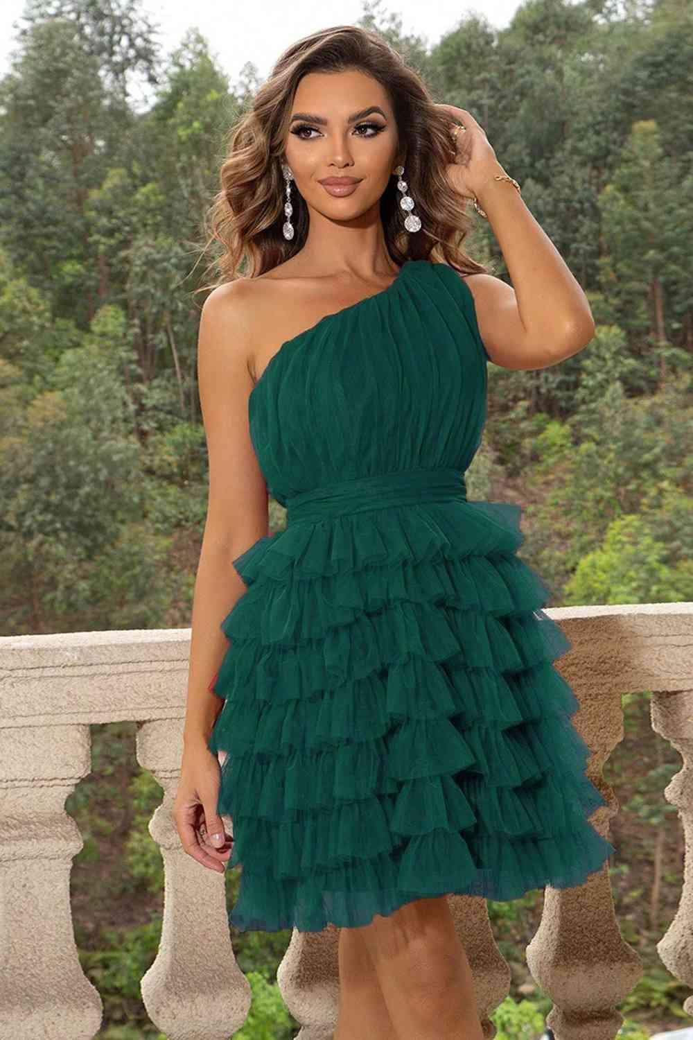 One-Shoulder Sleeveless Ruffle Dress Dresses Trendsi