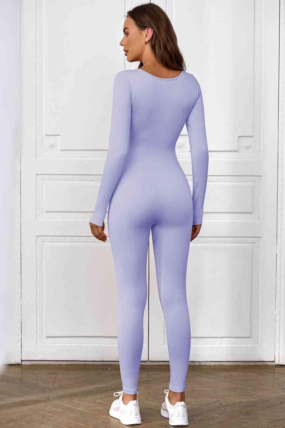 Long Sleeve Scoop Neck Skinny Jumpsuit Activewear Trendsi