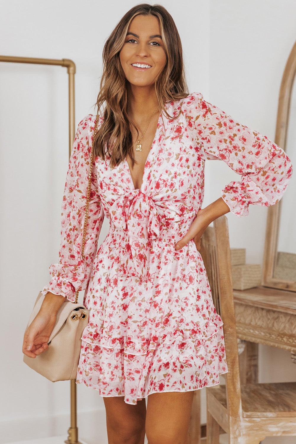 Floral Deep V Flounce Sleeve Mini Dress Dresses White