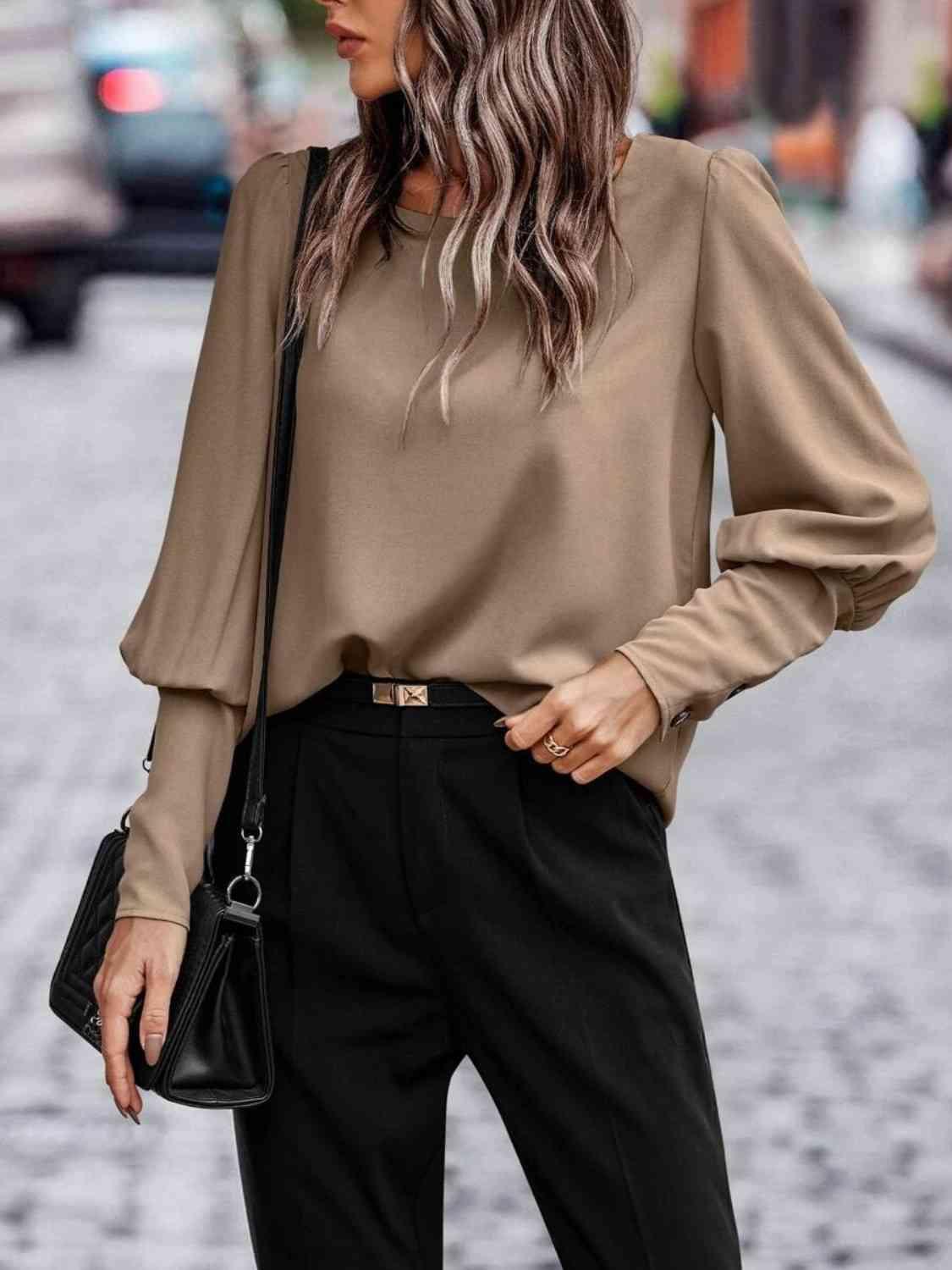 Round Neck Lantern Sleeve Blouse Blouses Trends