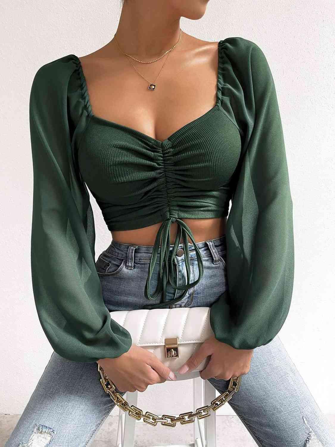 Drawstring Sweetheart Neck Crop Top Blouses Trendsi Army Green S