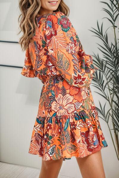 Tropical Print Tie Waist Lantern Sleeve Mini Dress Dresses Trendsi