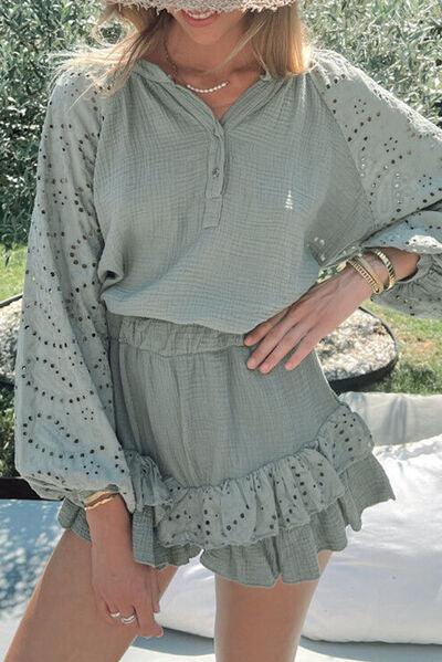 Eyelet Half Button Top and Short Set Short Set Trendsi