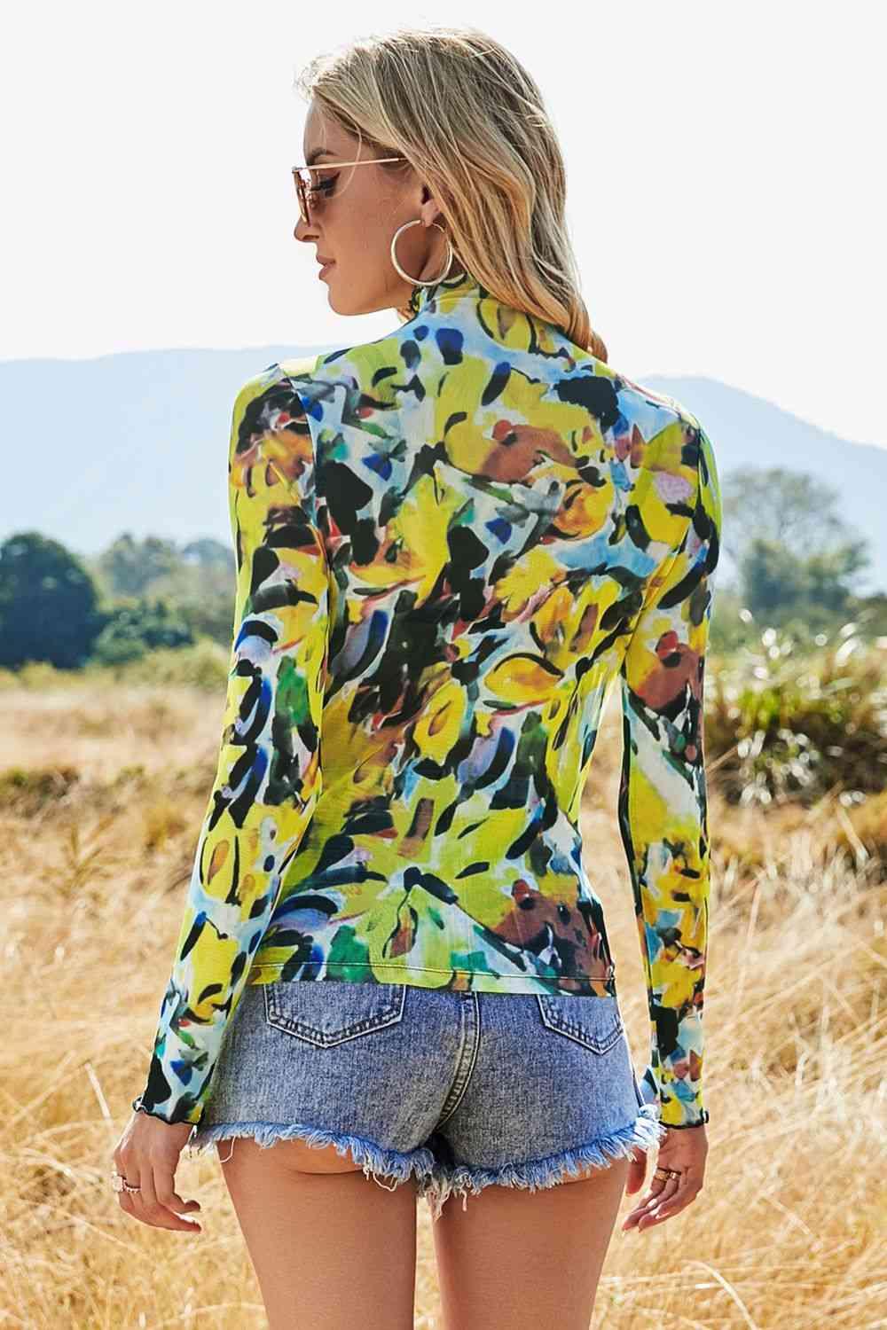 Printed Mock Neck Long Sleeve Blouse Blouses Trendsi