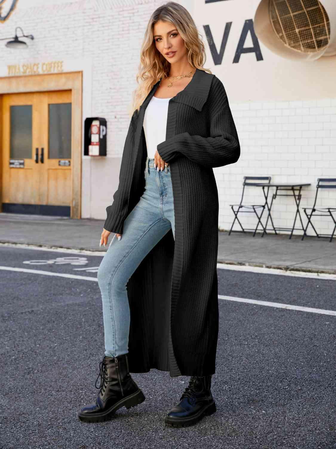 Full Size Collared Open Front Duster Cardigan Cardigans Trendsi Black S