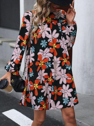 Floral Mock Neck Balloon Sleeve Dress Dresses Trendsi