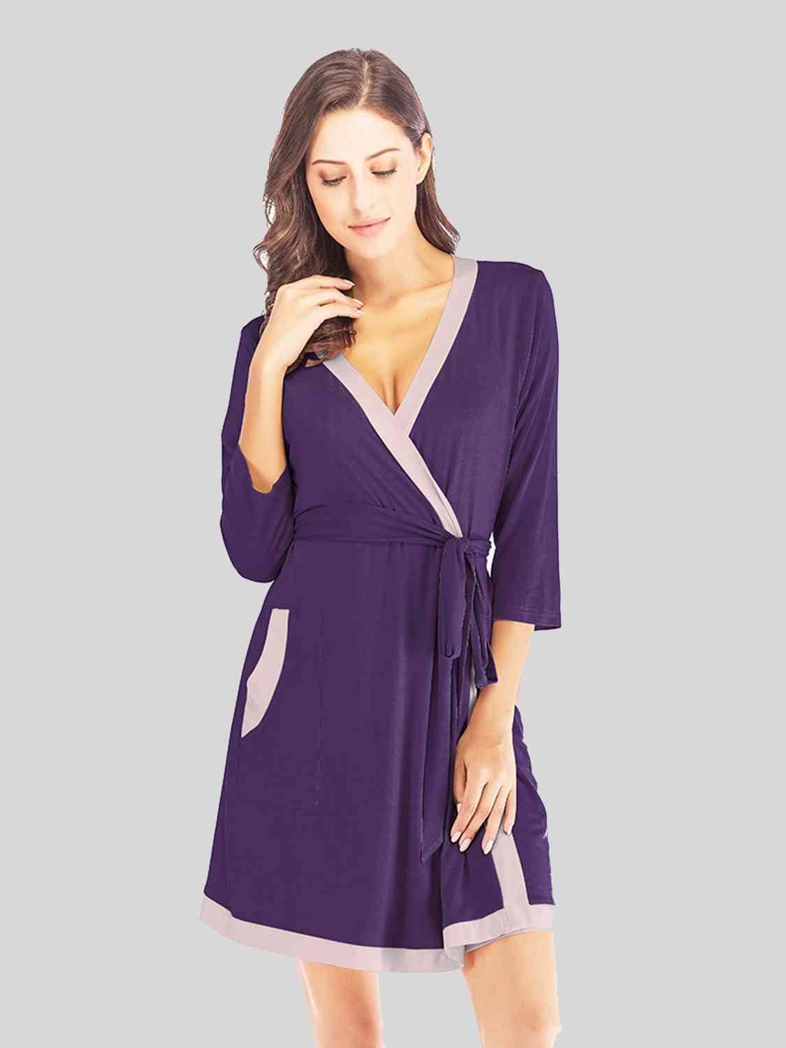 Tie Waist Surplice Neck Robe with Pockets Loungewear Trendsi Violet S