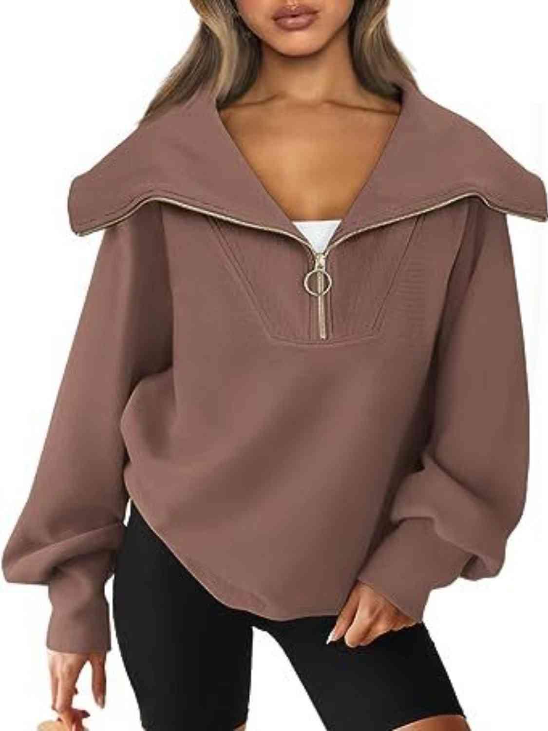Half-Zip Lantern Sleeve Top Sweatshirts Trendsi Chestnut S