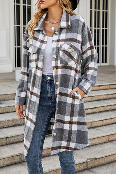 Plaid Button Up Collared Neck Jacket with Pockets Jackets Trendsi Light Gray S
