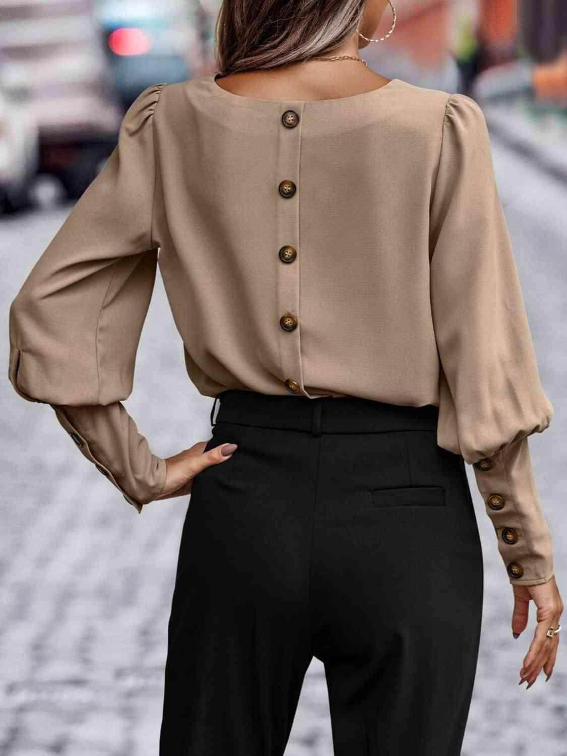 Round Neck Lantern Sleeve Blouse Blouses Trends