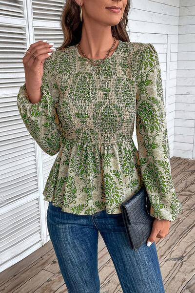 Smocked Printed Balloon Sleeve Blouse Blouses Trendsi