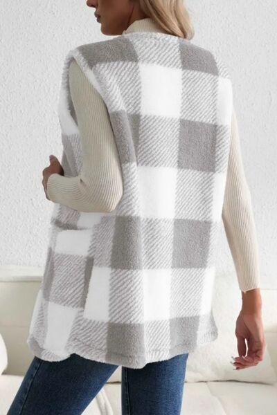 Sherpa Plaid Open Front Vest Coat Vests Trends
