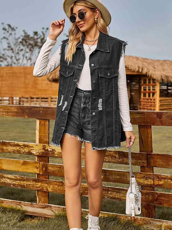 Distressed Sleeveless Denim Jacket Vests Trendsi