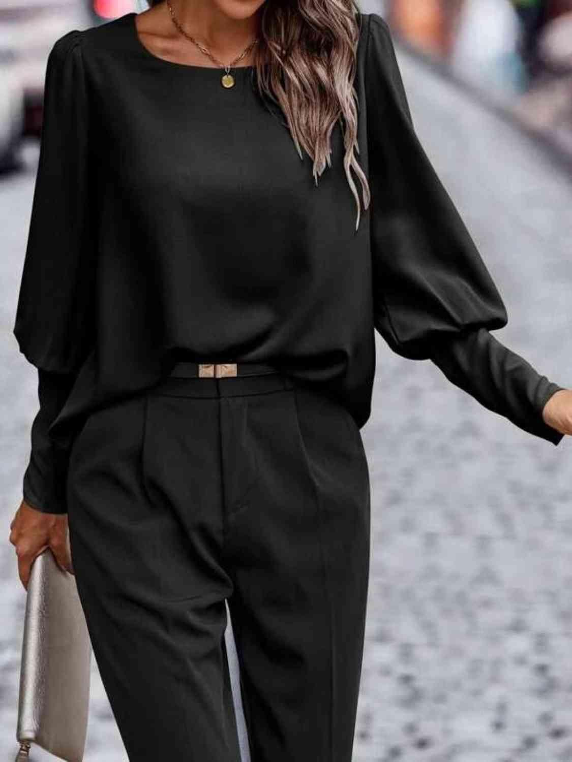 Round Neck Lantern Sleeve Blouse Blouses Trends