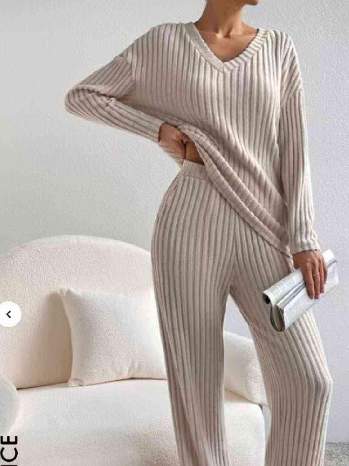 Ribbed V-Neck Long Sleeve Top and Pants Set Pant Set Trendsi