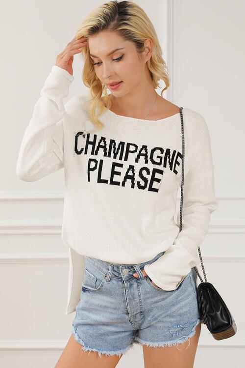 CHAMPAGNE PLEASE Long Sleeve Slit Sweater Sweaters Trendsi
