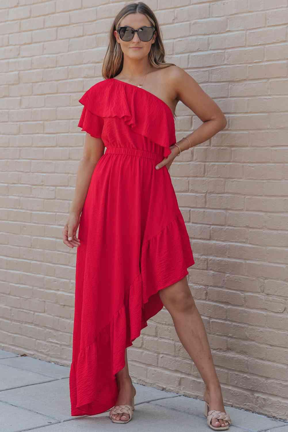 One-Shoulder Asymmetrical Dress Dresses Trendsi Red S