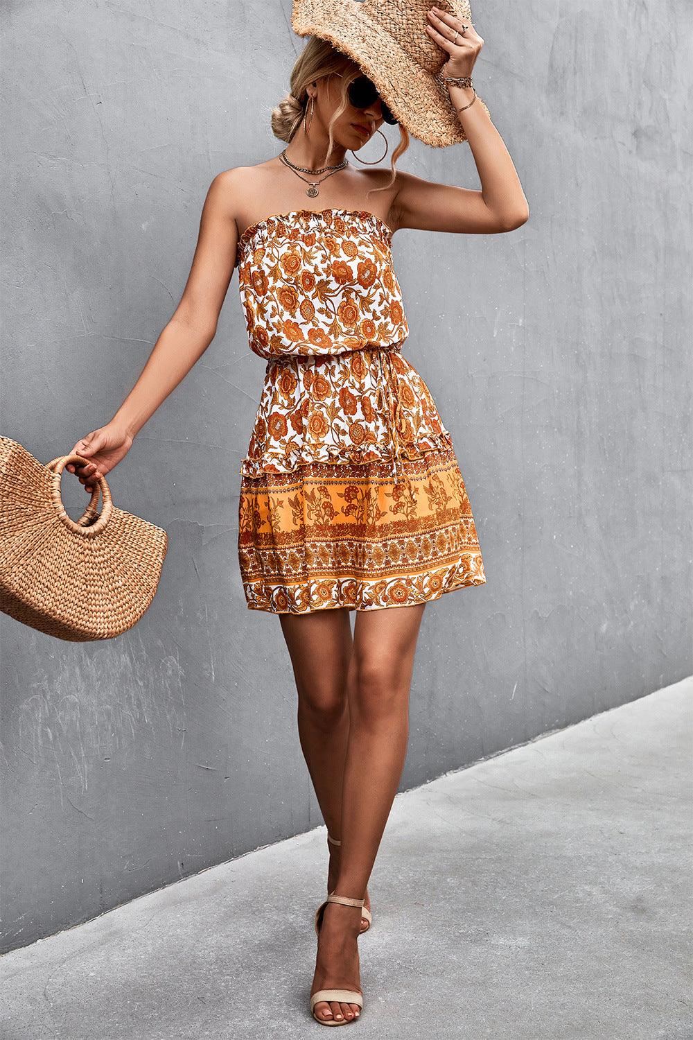 Bohemian Frill Trim Strapless Dress Dresses White