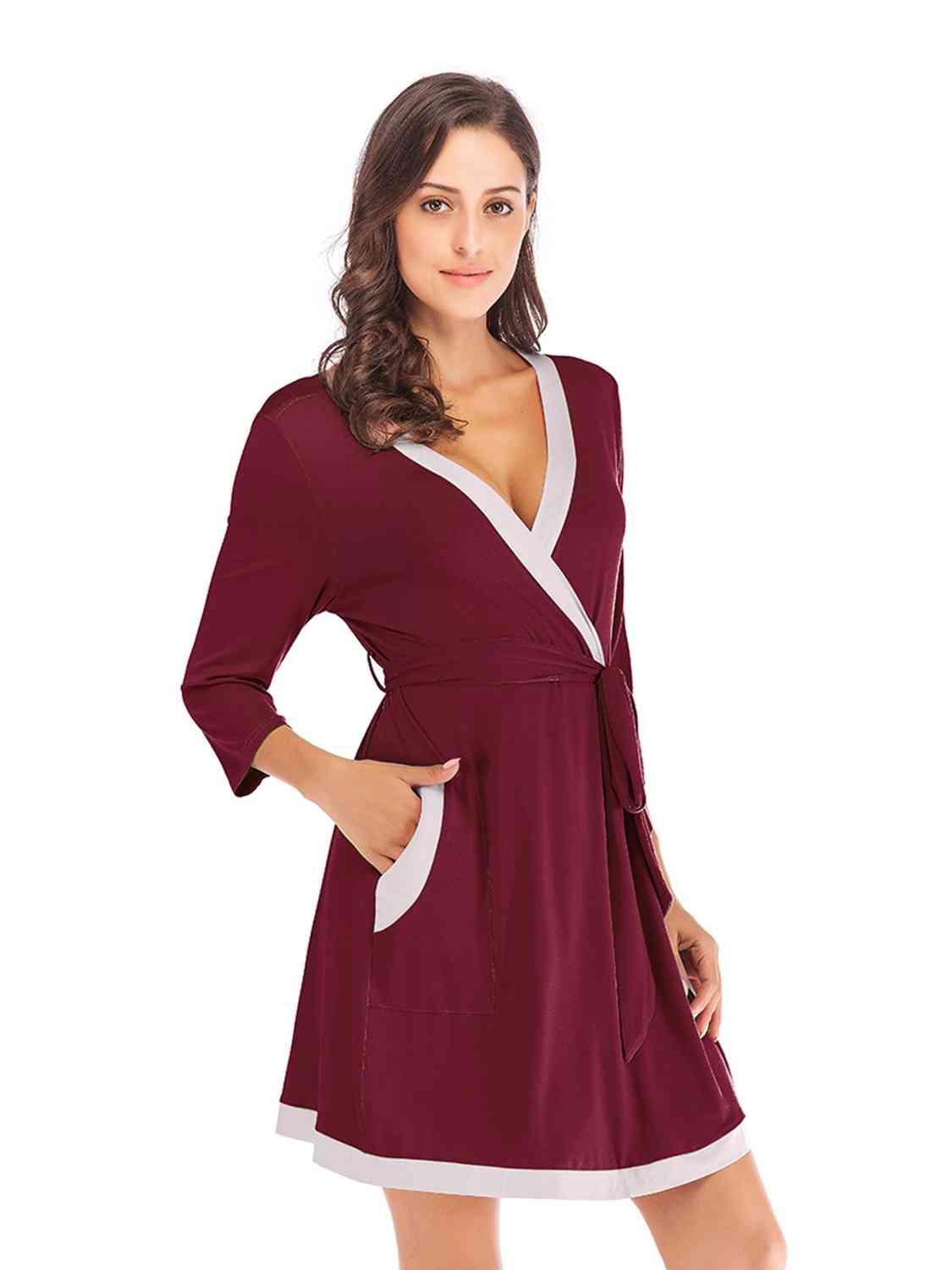 Tie Waist Surplice Neck Robe with Pockets Loungewear Trendsi
