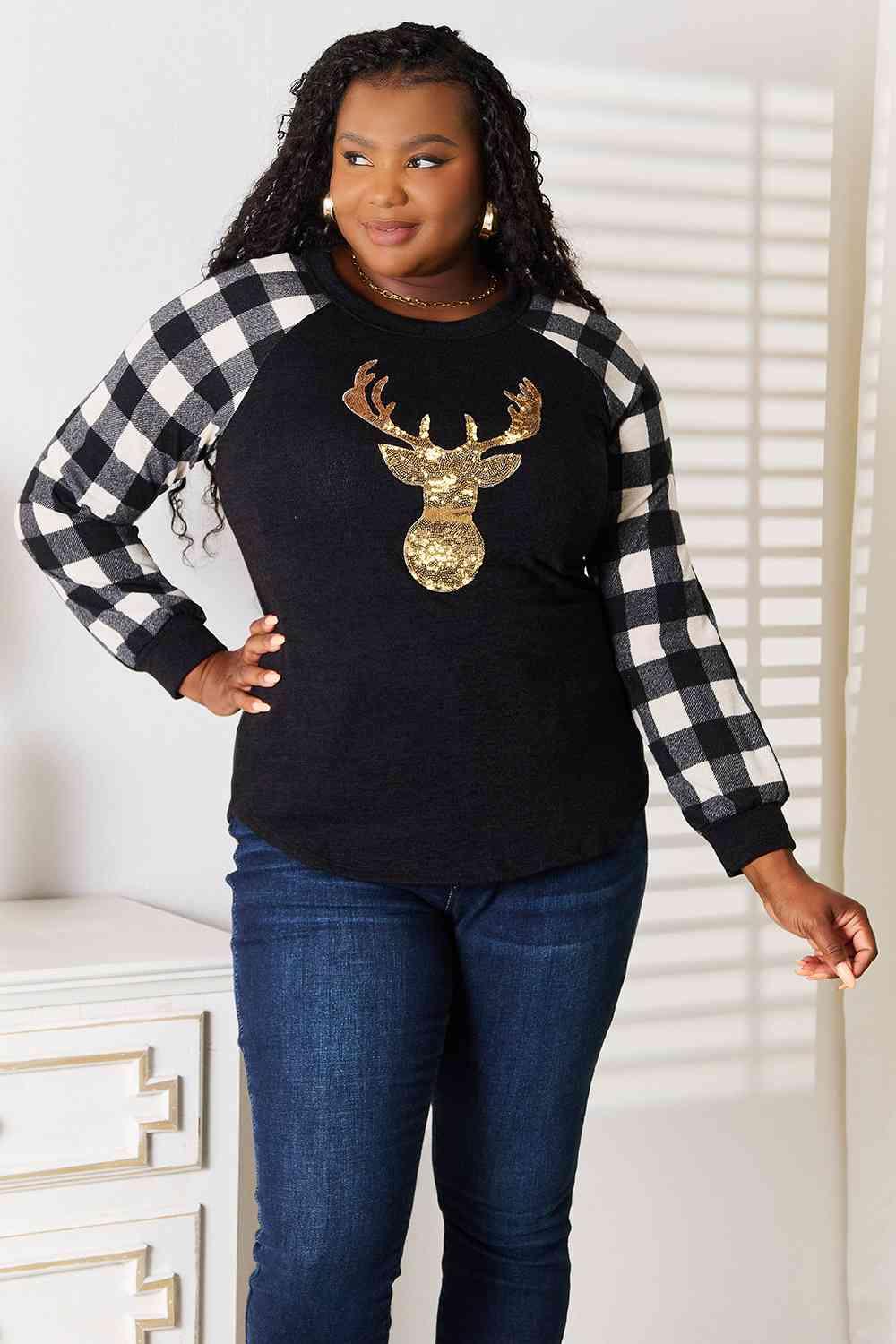 Sequin Reindeer Graphic Plaid Top Tops Trendsi