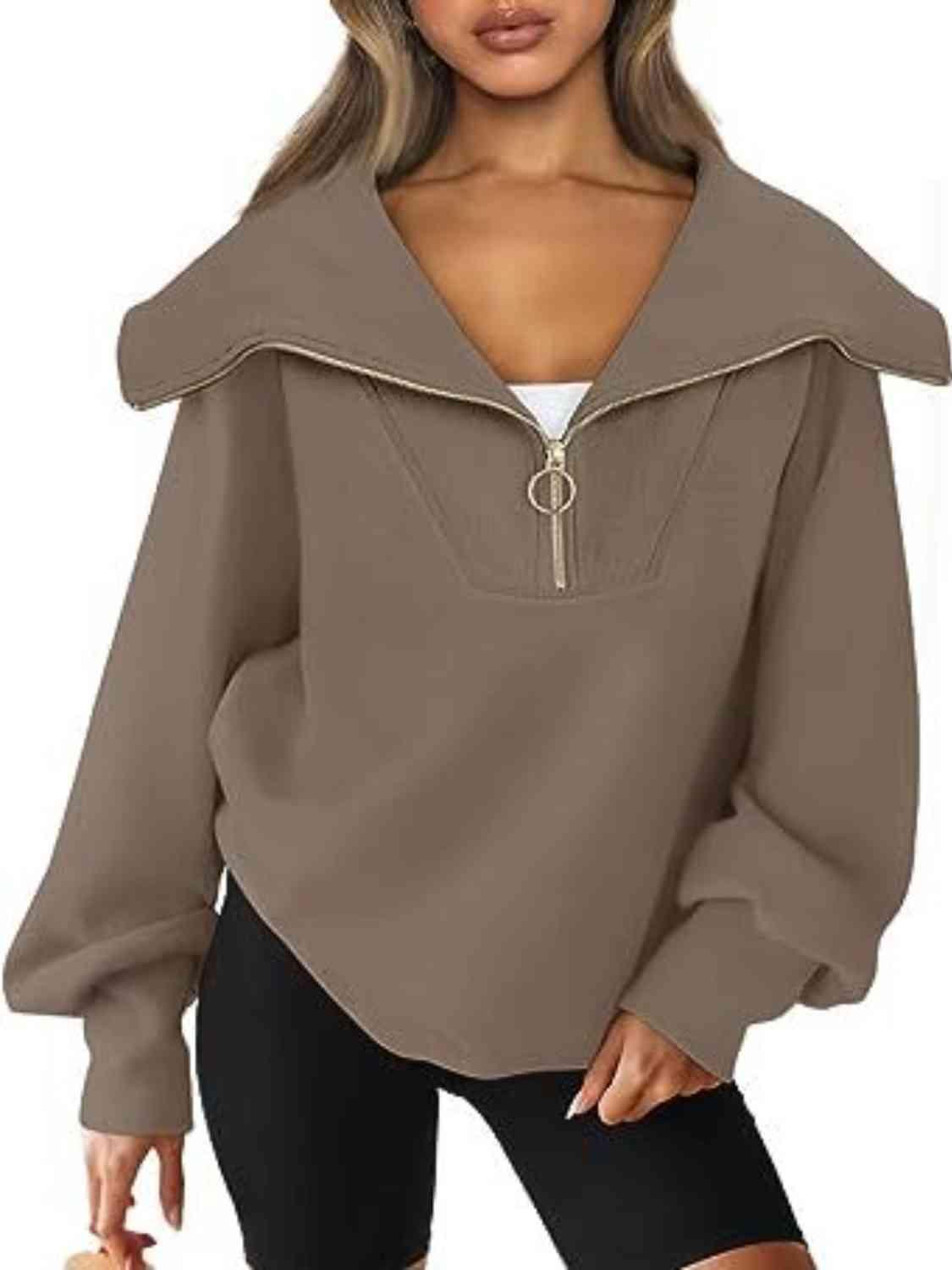 Half-Zip Lantern Sleeve Top Sweatshirts Trendsi Khaki S