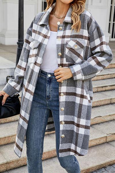 Plaid Button Up Collared Neck Jacket with Pockets Jackets Trendsi