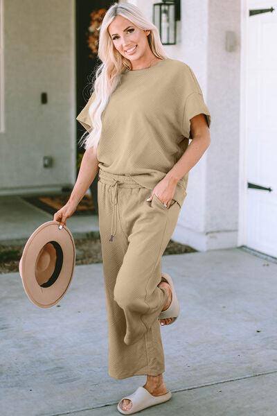 Texture Short Sleeve Top and Pant Set Pant Set Trend Camel S