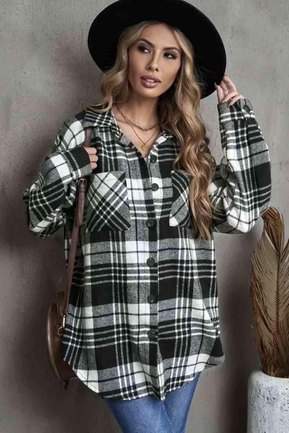 Plaid Collared Neck Button Up Jacket Jackets Trendsi