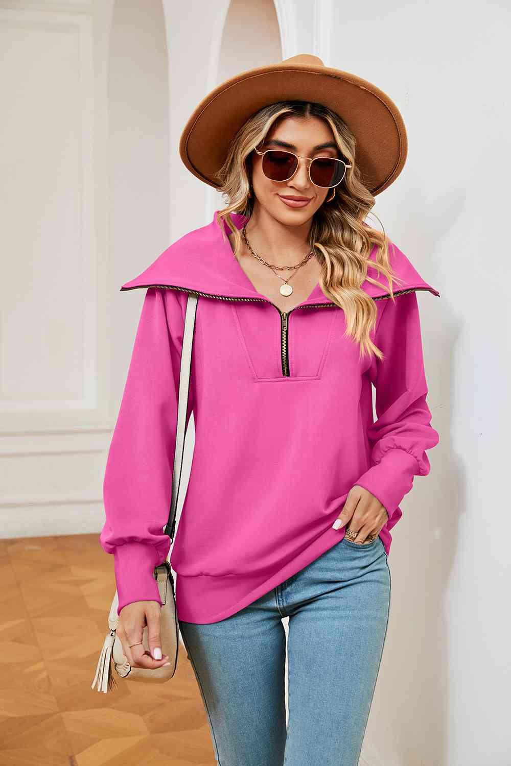 Half-Zip Collared Sweatshirt Sweatshirts Trends Fuchsia Pink S