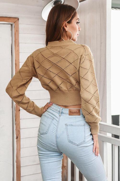 Openwork Plaid Round Neck Cropped Sweater Sweaters Trendsi