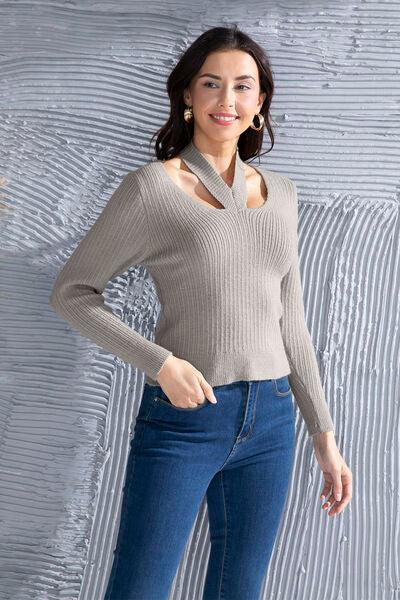 Halter Neck Long Sleeve Sweater Sweaters Trendsi
