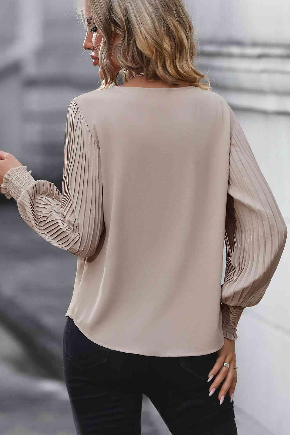 Pleated Lantern Sleeve V-Neck Blouse Blouses Trendsi