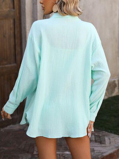 Textured Button Up Boyfriend Shirt Tops Trendsi