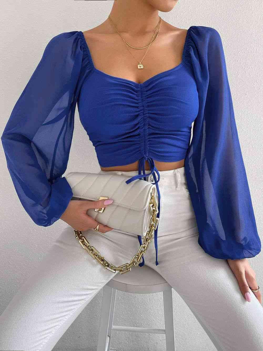Drawstring Sweetheart Neck Crop Top Blouses Trendsi Royal Blue S