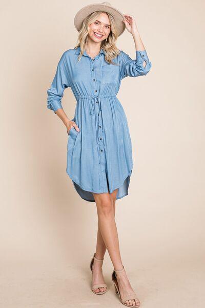 Faith Apparel Button Up Drawstring Shirt Dress Dresses Trendsi