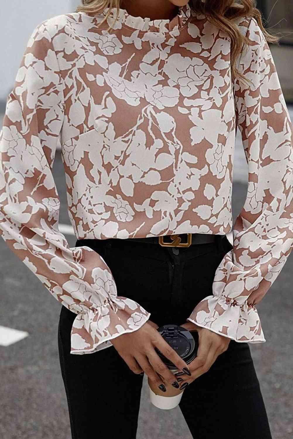 Floral Print Mock Neck Flounce Sleeve Blouse Blouses Trendsi