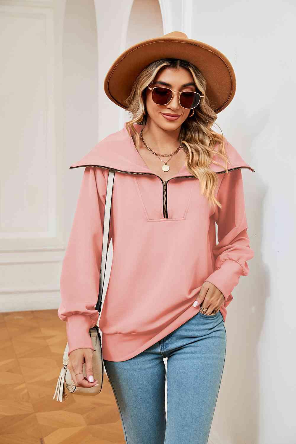 Half-Zip Collared Sweatshirt Sweatshirts Trends Peach S