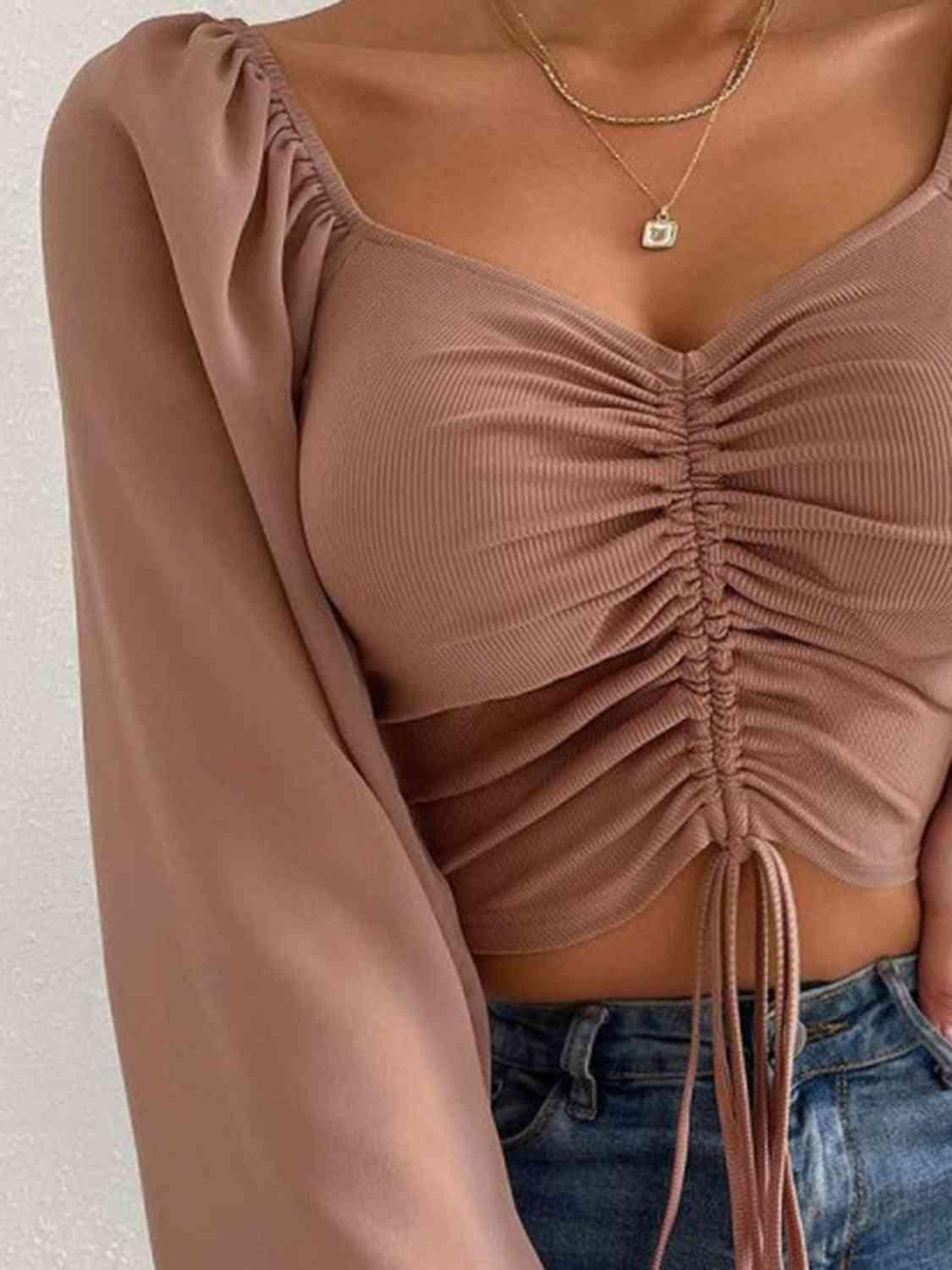 Drawstring Sweetheart Neck Crop Top Blouses Trendsi