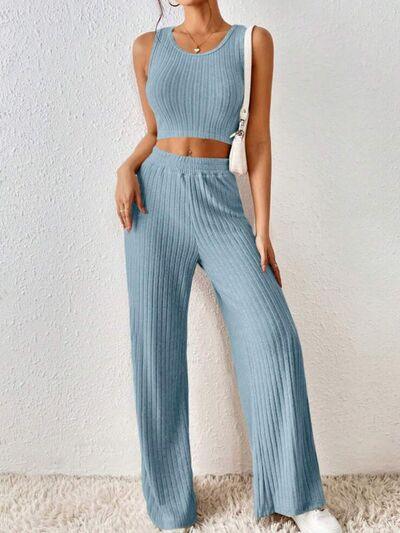 Ribbed Round Neck Tank and Pants Sweater Set Pant Set Trends Misty Blue S