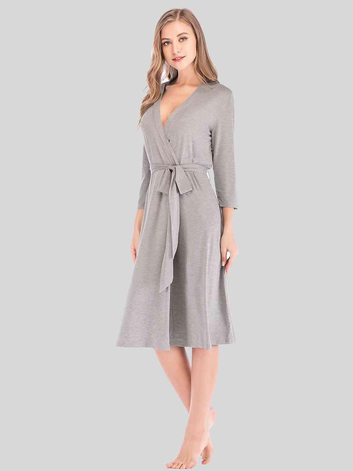 Plunge Cotton Robe Loungewear Trendsi Charcoal S