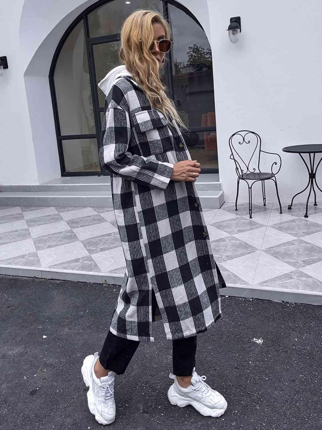 Plaid Collared Longline Coat Coats Trendsi