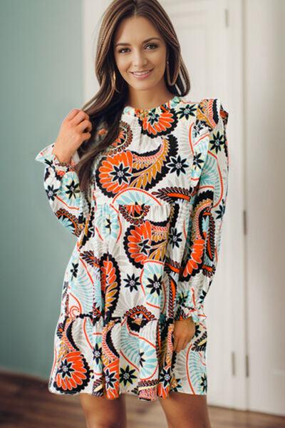 Ruffled Printed Flounce Sleeve Mini Dress Dresses Trendsi