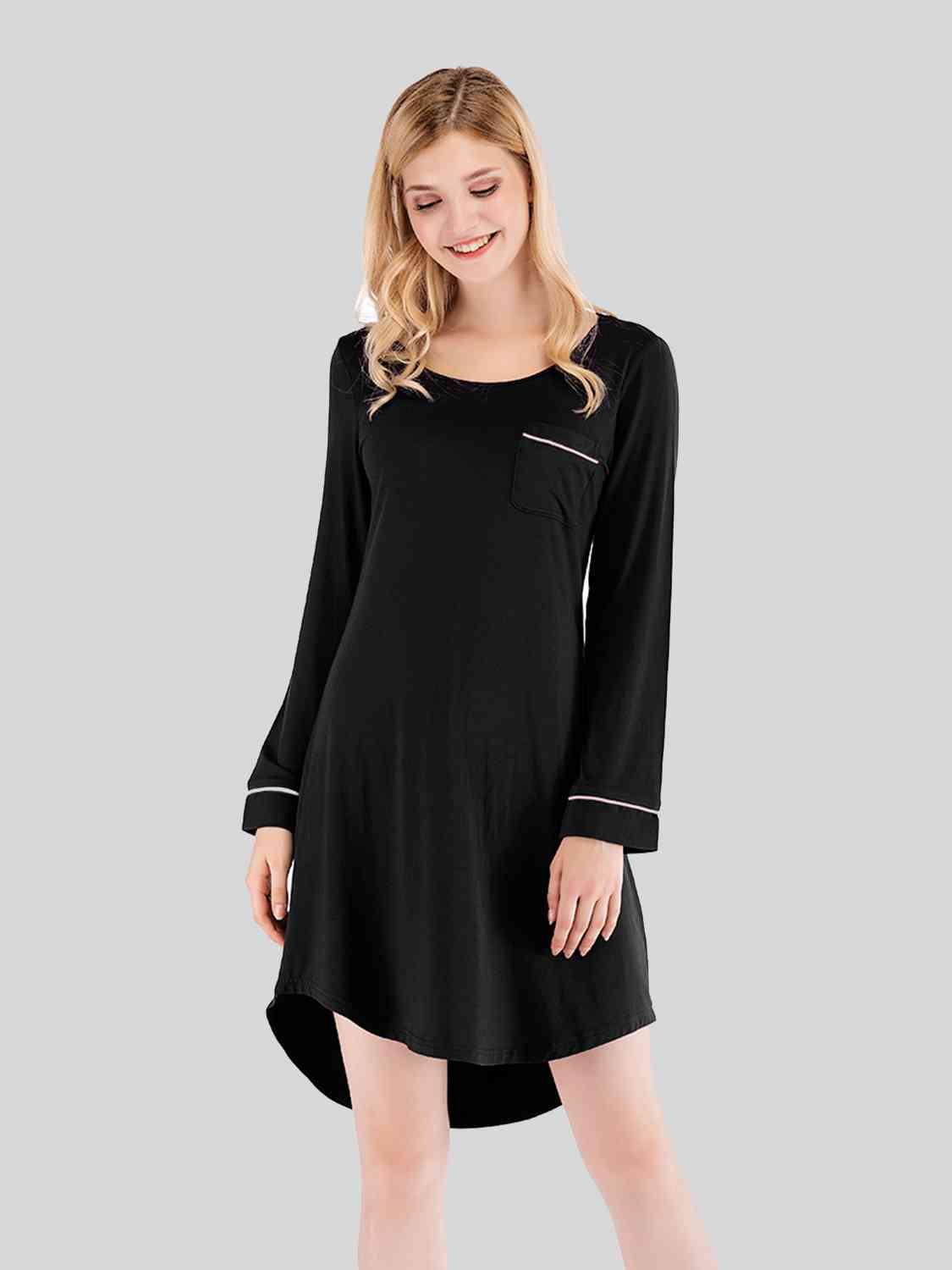 Round Neck Night Dress with Pocket Loungewear Trendsi Black S